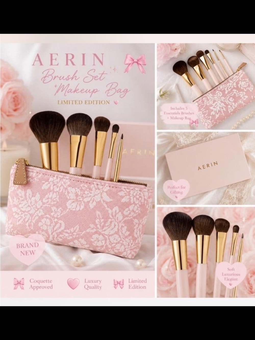 Aerin Pink Floral Makeup Brush Set with Gold Ferrules